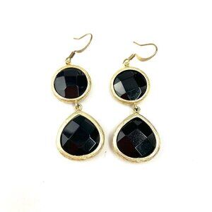 Dual Princess Cut Inset Stone Drop Earrings - Black/Gold 2"